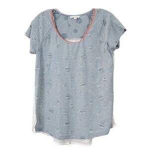 Hem & Thread Women's Distressed Color Block Short Sleeve Shirt Blue White Small